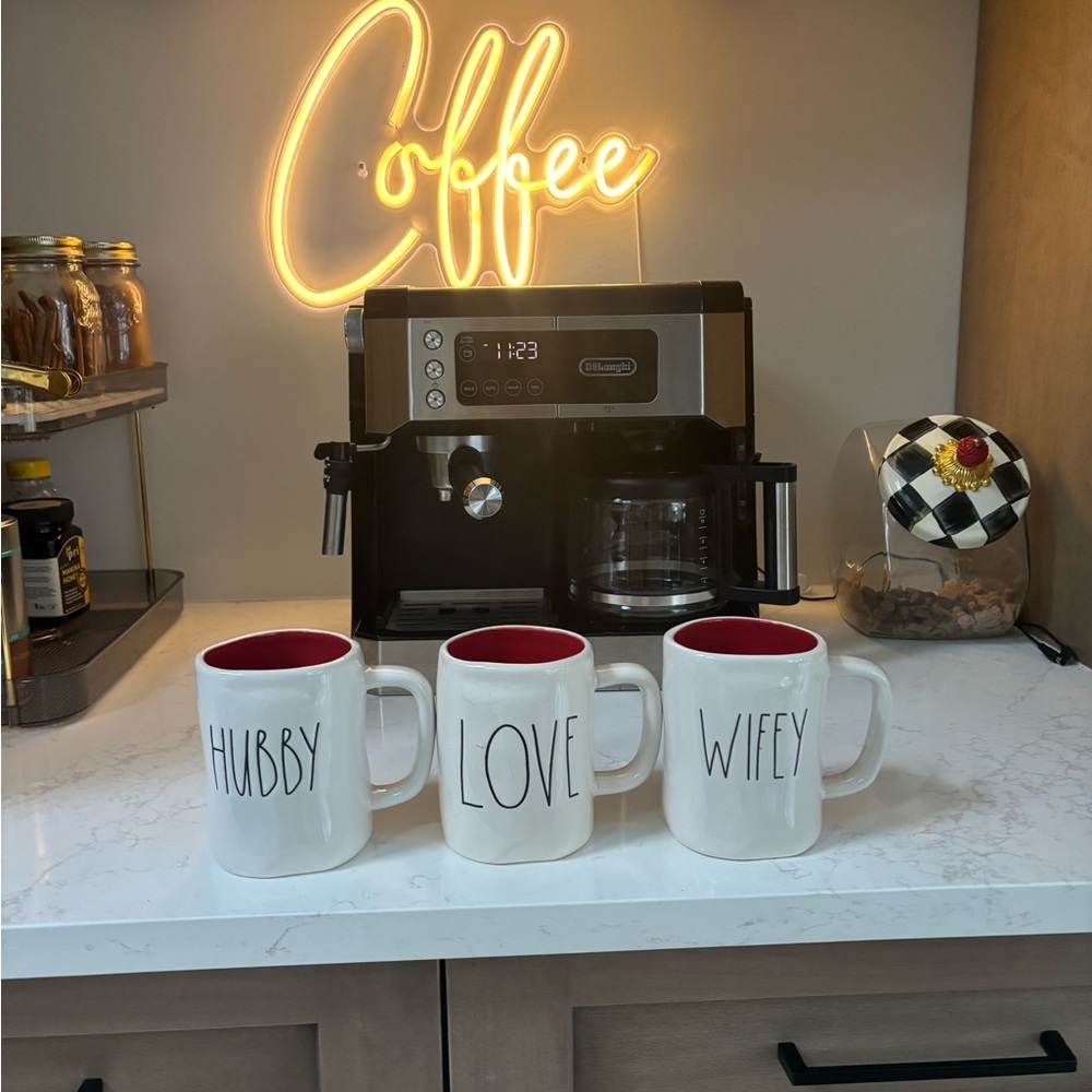 Rae Dunn White and Red Ceramic Mugs Dining Set